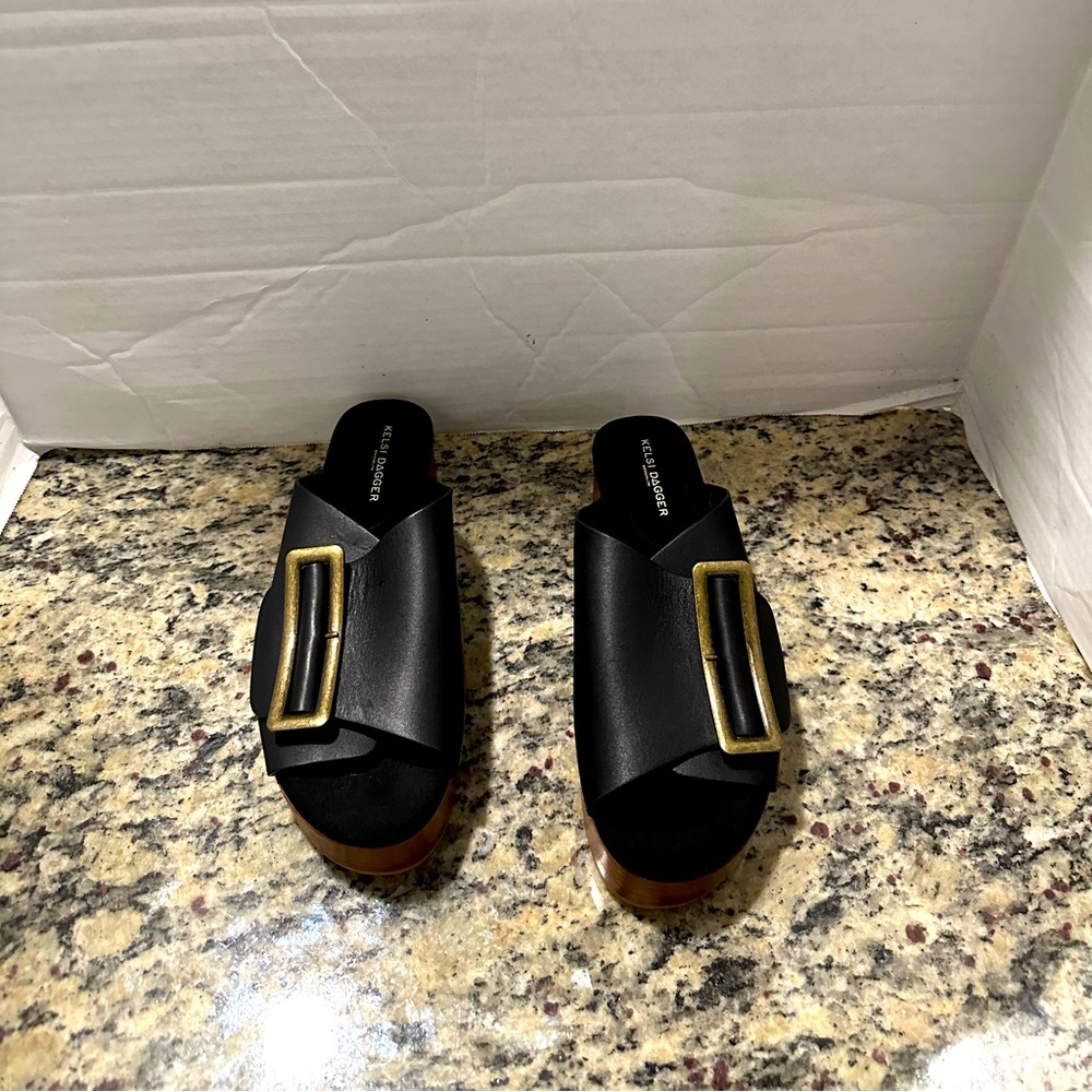 Kelsi Dagger Black Slide Platform Sandals with Gold Buckle